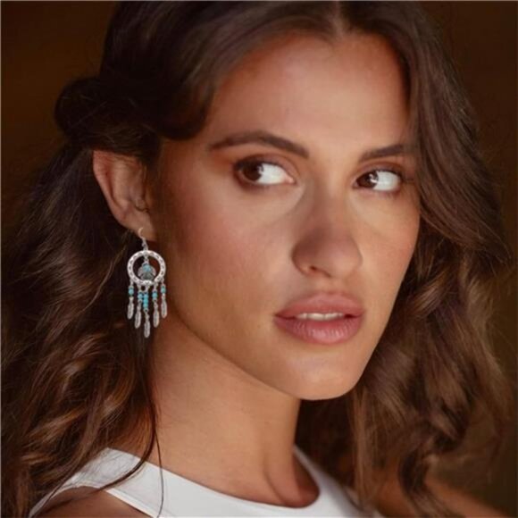 Boho Dreamcatcher Earrings | Feather & Tassel Dangle | Turquoise, Mixed Metal - Picture 4 of 7